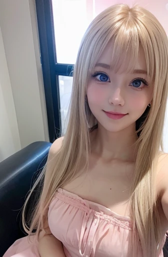 mary rose、blond、Half-length photo、((Cute pink dress))、Very beautiful Swedish *********** pretty girl、shiny skin、white skinned、a smile、beautiful bangs、long and straight，絲般美麗的白金blond女郎、shiny hair、Extra long straight hair、Eyeliner、a small face、big breasts、 crystal clear ocean blue eyes，Shining with beauty、beautiful and smart girl、Take a selfie in the room、Looking to the future