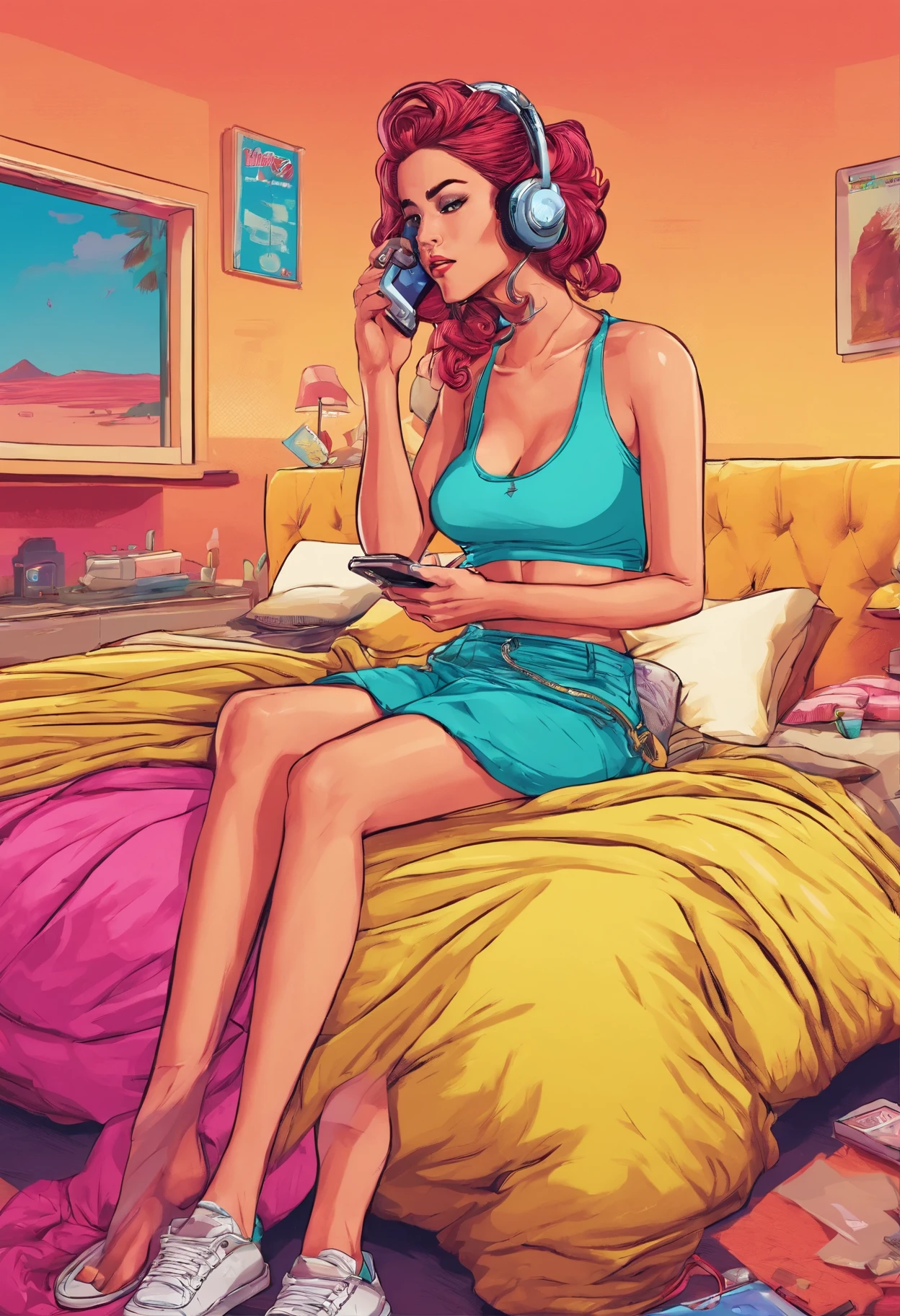 Una chica llamando por celular acostada en su cama