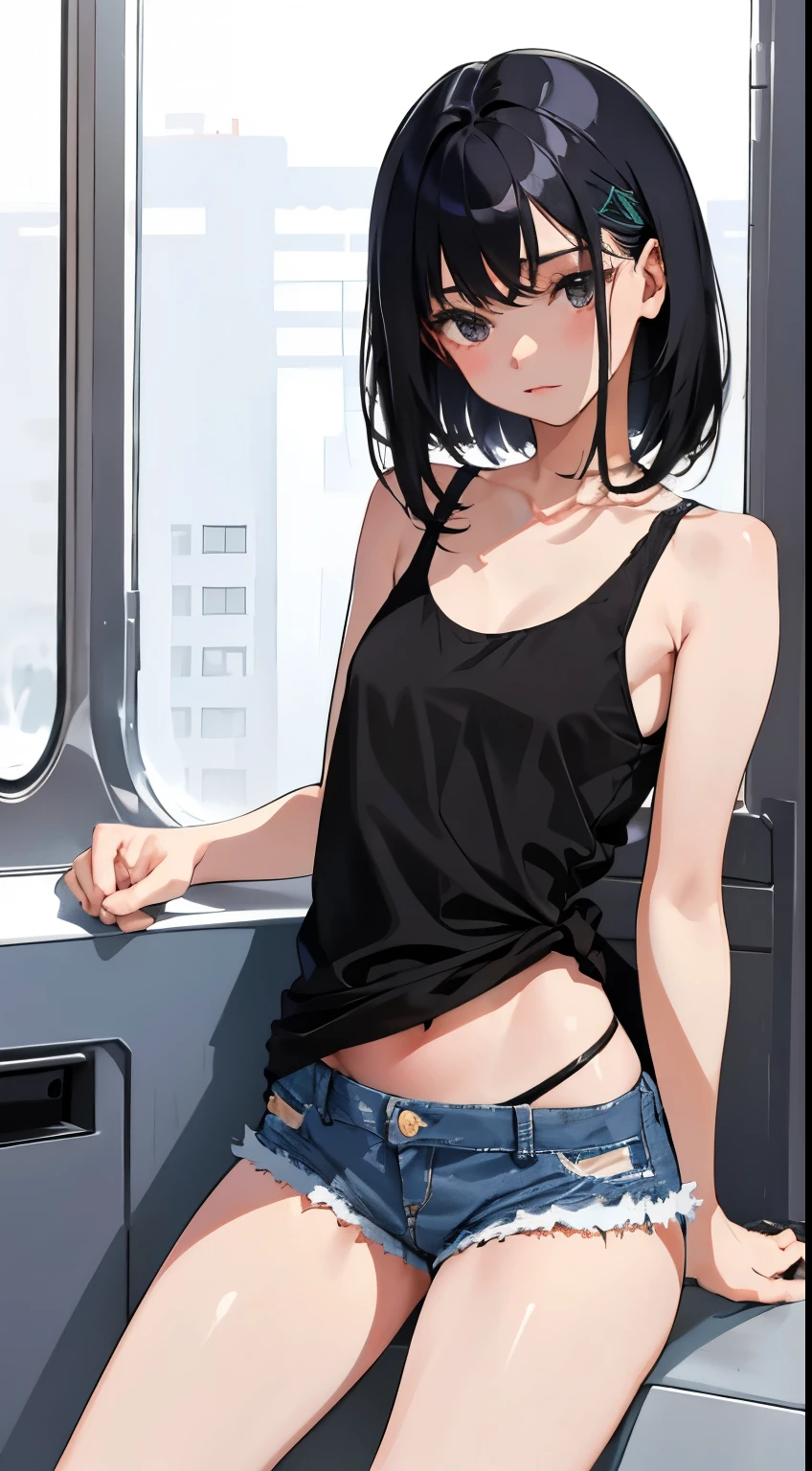 (short cute girl，small young student，young delicate girl）,（masterpiece，Top quality)，Tank top，denim shorts，short sleeve，long black hair，sleepy