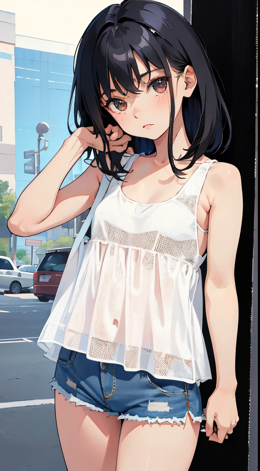 (short cute girl， young studeg delicate girl）,（masterpiece，Top quality)，Tank top，denim shorts，short sleeve，long black hair，sleepy