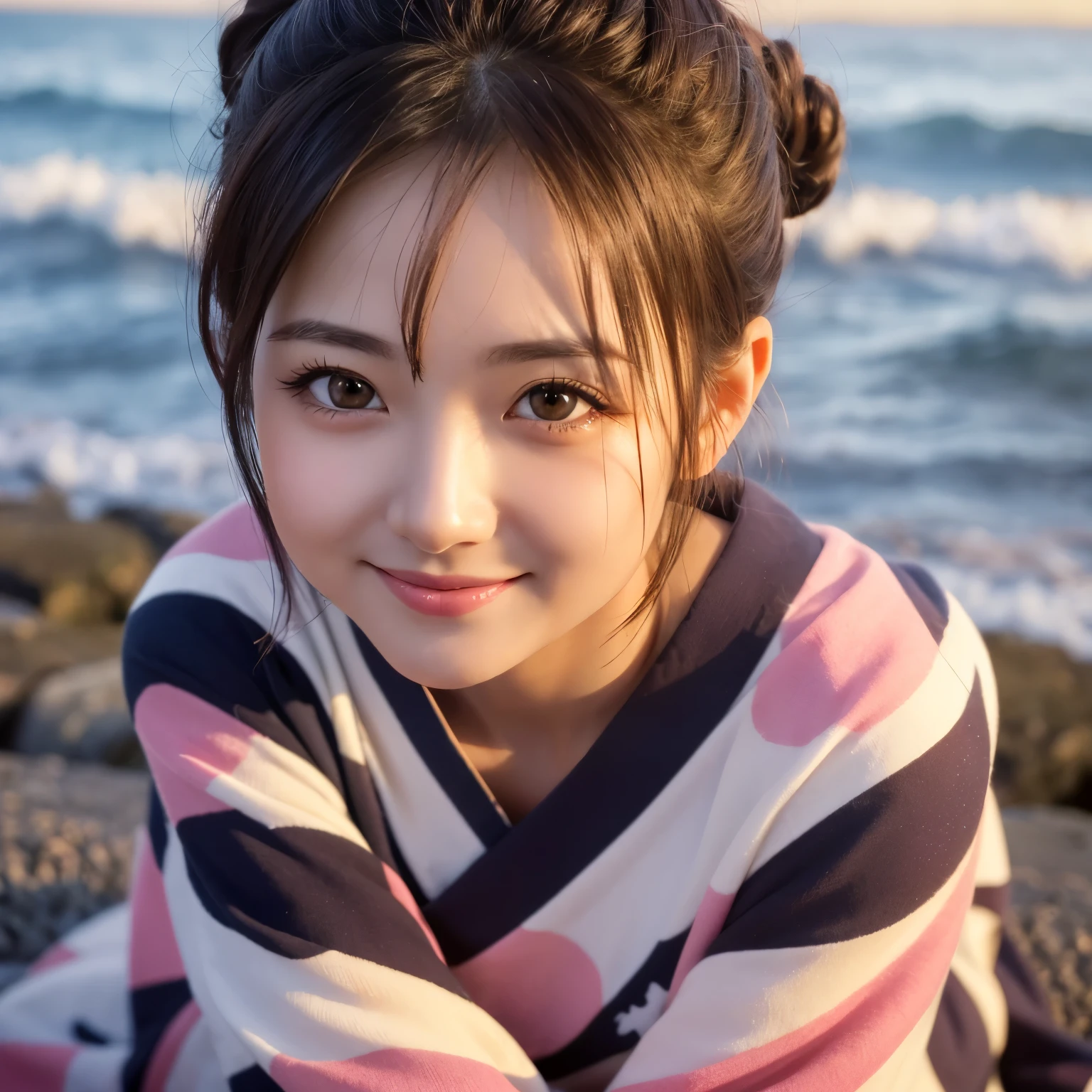 natural oil painting, ((masterpiece)), ((best quality)), photorealistic, Expressive hair, Expressive eyes, precision details, 1girl, solo, Japanese, 30 years old, round big eyes, cute, , seductive smile,looking at viewer ,separate lips, pink colored loose fitted yukata, leaning forward,sunset, sea shore, black single hair bun hair, ,more_details:-1, more_details:0, more_details:0.5, more_details:1, more_details:1.5,,cute,idole,(Realistic skin feel: 1.3), (Realistic shadow: 1.3),nipples, 