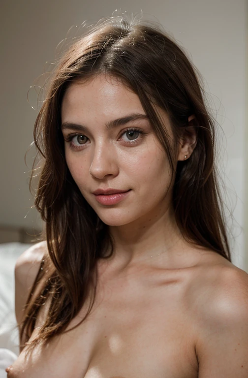 26 year old Irish woman, sonriendo, hair color type brown, Light amber eyes,tipo de ojos almendrado, cejas finas y naturales rectas, tipo de cara ovalada, hiperrealista, detallista, with small breasts, caderas anchas