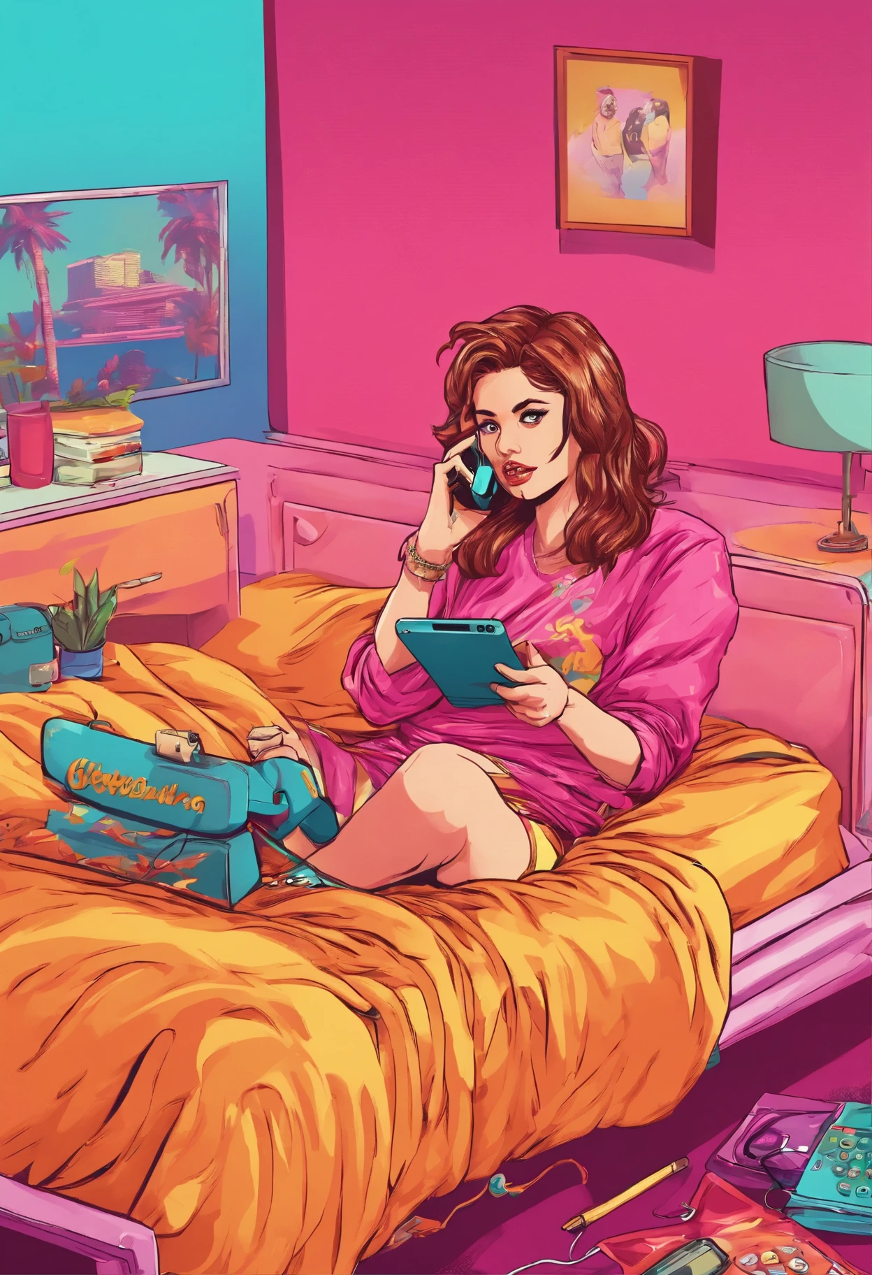 Una chica llamando por celular acostada en su cama