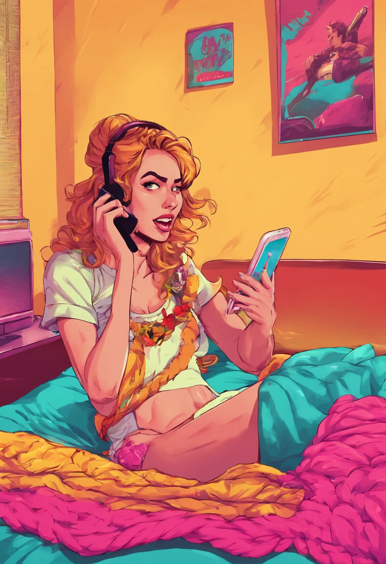 Una chica llamando por celular acostada en su cama