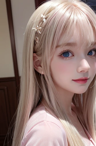 mary rose、blond、Half-length photo、((Cute pink dress))、Very beautiful Swedish 16 year old pretty girl、shiny skin、white skinned、a smile、beautiful bangs、long and straight,絲般美麗的白金blond女郎、shiny hair、Extra long straight hair、Eyeliner、a small face、big breasts、 crystal clear ocean blue eyes,Shining with beauty、beautiful and smart girl、Take a selfie in the room、Looking to the future