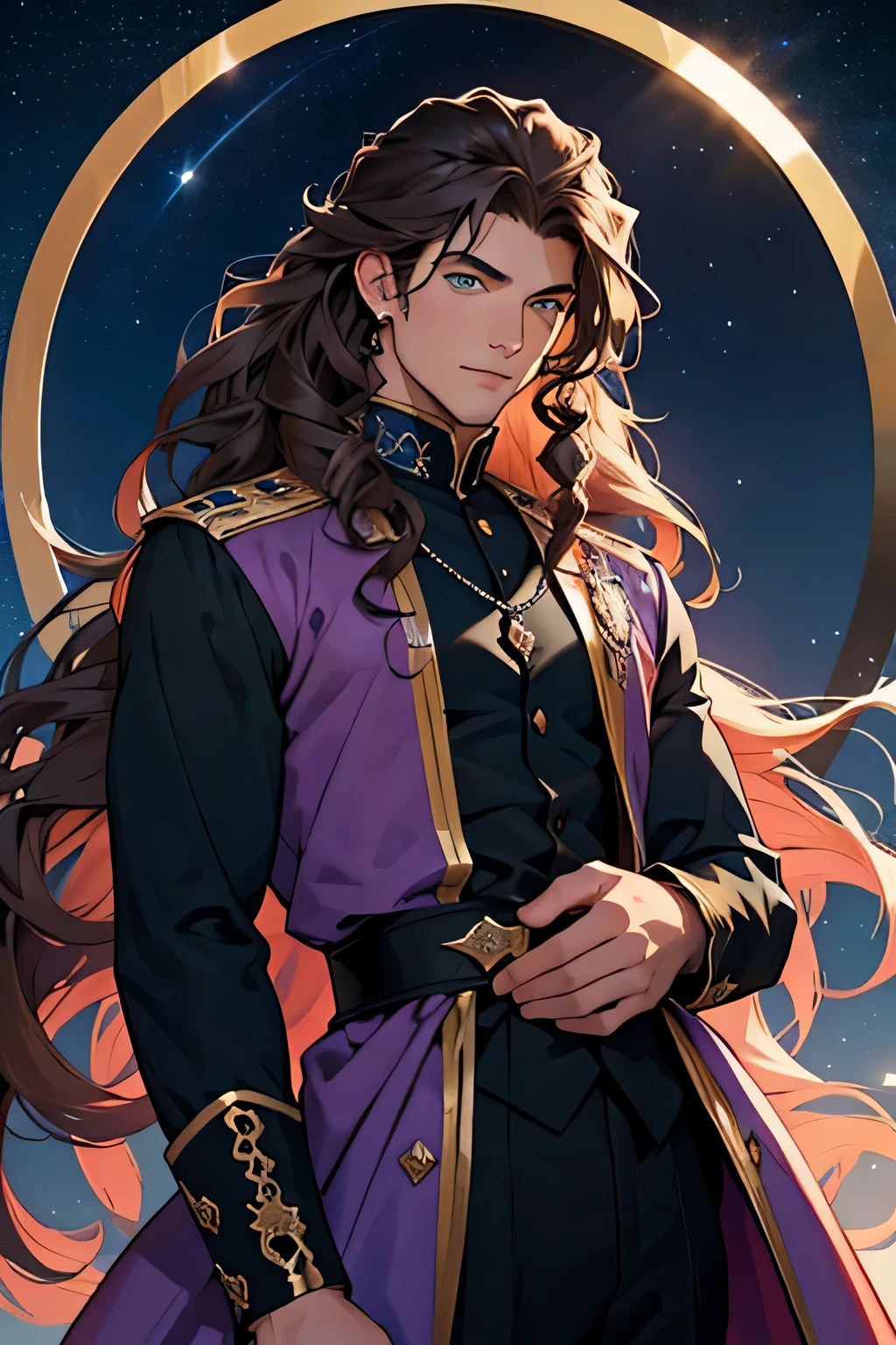 a 20 year old man, young, a prince, royalty, blue, purple, brown long curly hair, man's long curly hair, without a beard, without a goatee, no facial hair, black clothes, jewelry, sparkling, night sky, night time, stars, beautiful man, green eyes