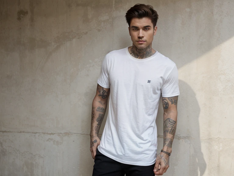 man with tattoo wearing basic plain t-shirt without print and full body