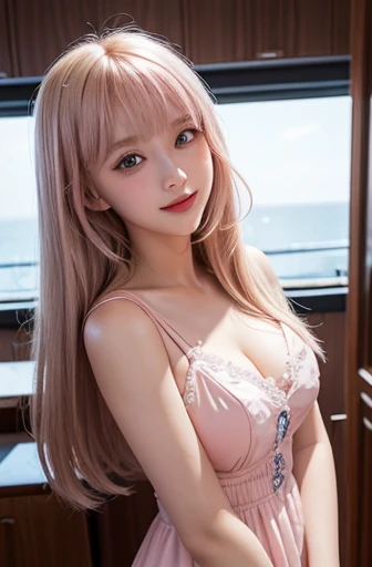 mary rose、blond、Half-length photo、((Cute pink dress))、Very beautiful Swedish 16 year old pretty girl、shiny skin、white skinned、a smile、beautiful bangs、long and straight,絲般美麗的白金blond女郎、shiny hair、Extra long straight hair、Eyeliner、a small face、big breasts、 crystal clear ocean blue eyes,Shining with beauty、beautiful and smart girl、Take a selfie in the room、Looking to the future