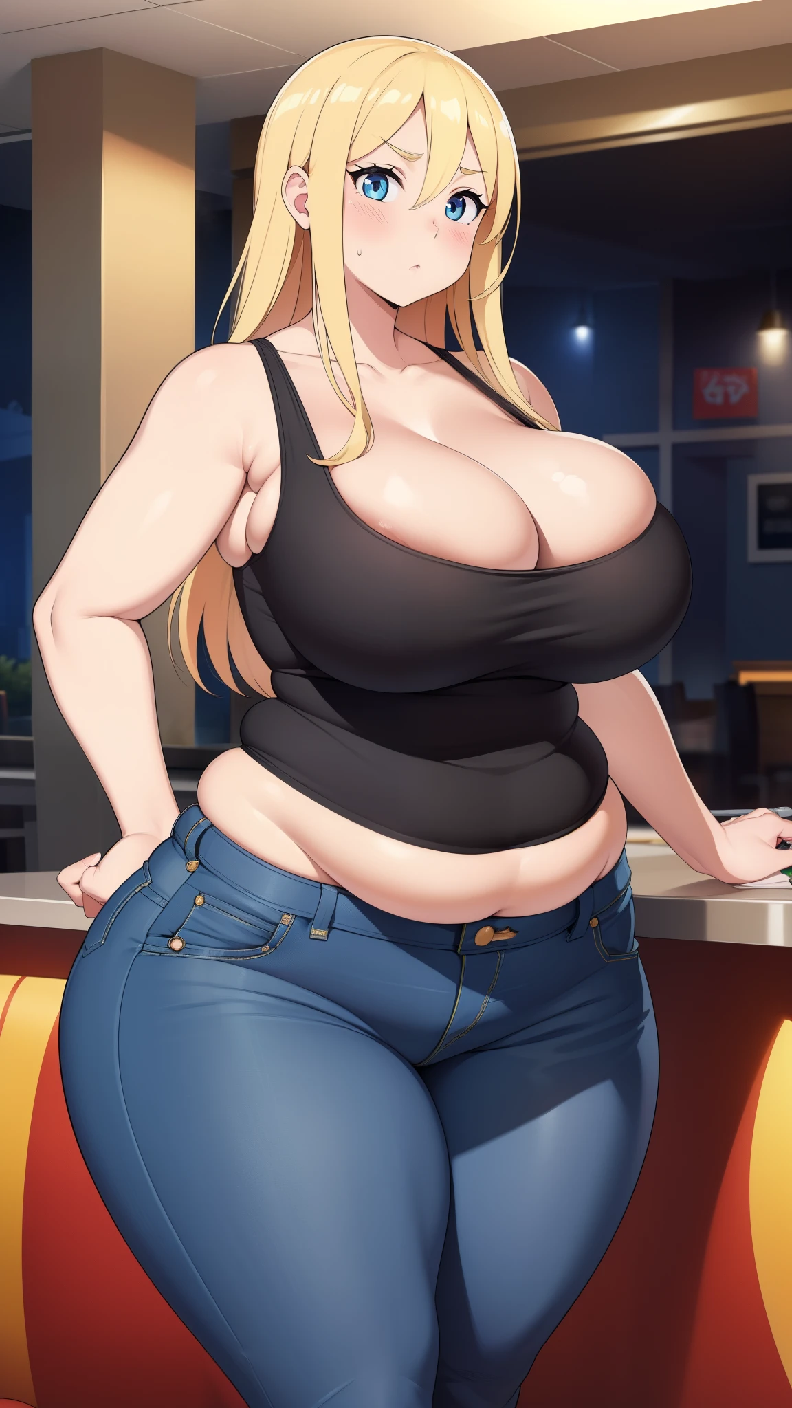 ((Masterpiece)), perfect anatomy, perfect shading, field of depth, (best quality), extremely delicate and beautiful, perfect lighting, detailed face, ultra cute face, cute, (1girl), (solo),
long fluffy blonde hair, blue eyes, ((blush)), nervous, looking at viewer, tank top, jeans, cleavage, large breasts, ((thick thighs)), (wide hips), fat ass, chubby,
intricate background, detailed background, fast food restaurant, standing,