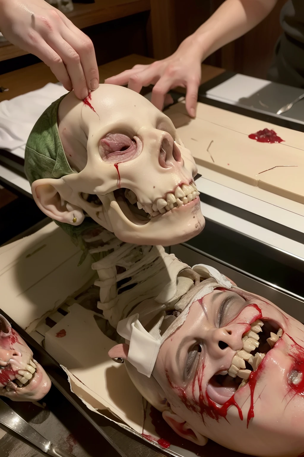 (score_9, masterpiece-level, horror cinematic photography: 1.5), (Shreck-inspired: 1.1), (morgue table autopsy scene: 1.7), (head open, brains and bones exposed: 1.6), (eyes closed, mouth agape: 1.4), (realistic cuts on body: 1.3), (blood on face and table: 1.8), (guts on scale, detailed and gruesome: 1.9), (score_8_up to 9, highly detailed and evocative: 1.1), (score_7_up to 8,