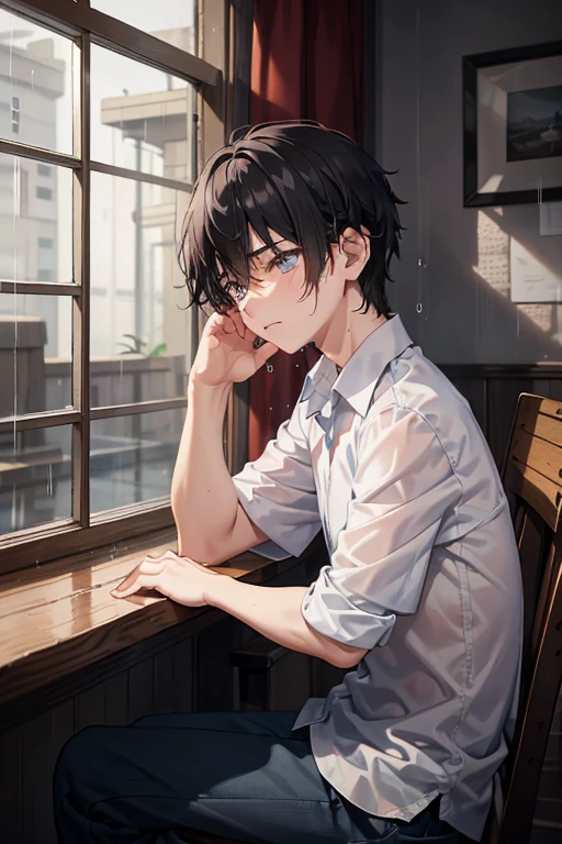 Heartbroken -yeld boteary eyes glistening, unkempt hair matted to his face, slouched by the window in the dimly lit room, thunderstorm raging outside, raindrops cascading down the windowpanes, mournful expression, atmospheric, realistic rendering, 4K, HDR, melancholic, sharp focus, emotionally charged, introspective, vivid colors, bokeh in the background.