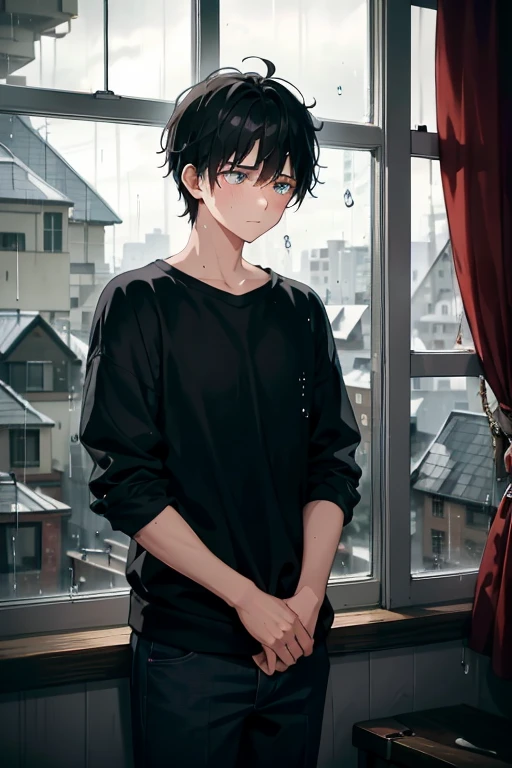 Heartbroken -yeld boteary eyes glistening, unkempt hair matted to his face, slouched by the window in the dimly lit room, thunderstorm raging outside, raindrops cascading down the windowpanes, mournful expression, atmospheric, realistic rendering, 4K, HDR, melancholic, sharp focus, emotionally charged, introspective, vivid colors, bokeh in the background.