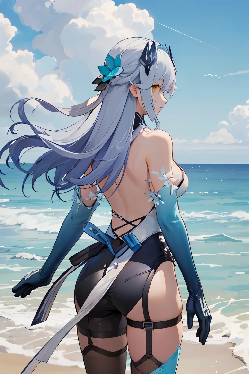 from behind,  LYFE, backless_leotard, elbow_gloves, asymmetrical_legwear, hair_ornament, cleavage,  blue_hair, long hair, yellow_eyes,    1girl, solo, standing, cowboy shot,   looking at viewer, outdoors,  day, beach, ocean, cloud, summer,    dappled_sunlight,  (masterpiece,best quality,beautiful and aesthetic:1.2),     