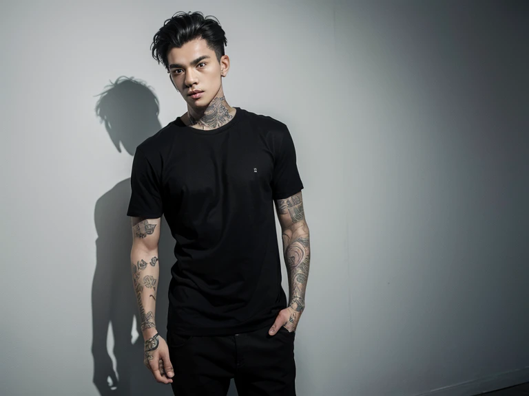 man with tattoo wearing simple basic black t-shirt without print and full body