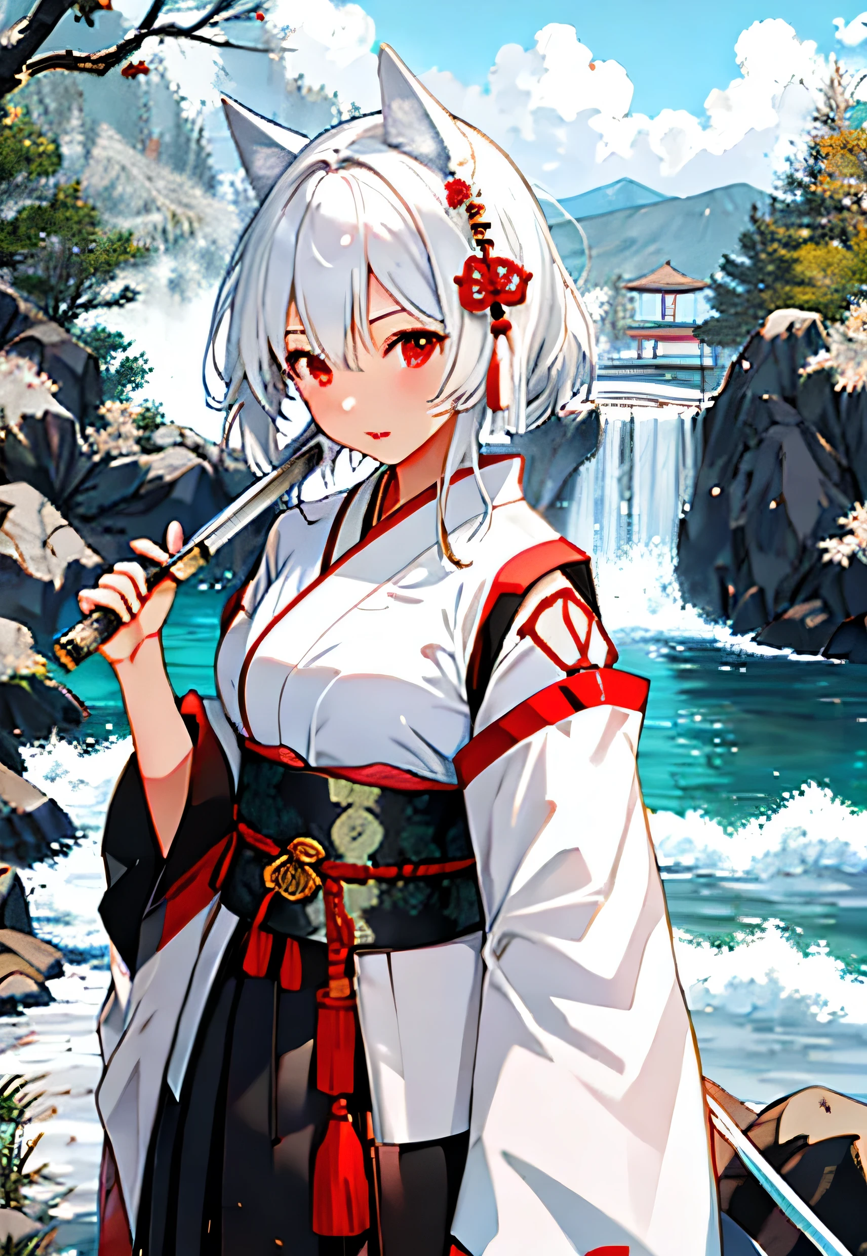 Highest quality illustrations、（Dog walking（Oriental Project））、１Female Characters、shrine、Japanese sword、white hair、Delicate and clear illustrations