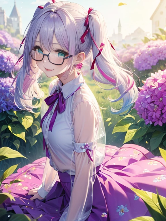 Glasses、小さなgirl、The arrival of spring、big butt、 (alone:1.5,)Super detailed,bright colors, very beautiful detailed anime face and eyes, look straight, ;shiny_skin,girl, ((gradient hair, , Half white、half pink hair: 1.2)) 、forehead is exposed.、green eyes、shiny hair, delicate beautiful face, blush、(turquoise eyes), White skin, Valletta, earrings,、blue flower field、((ribbon、(Floral、See-through、blouse、Floral、Light purple skirt)))、twin tails、smile、happy face、face dyed red