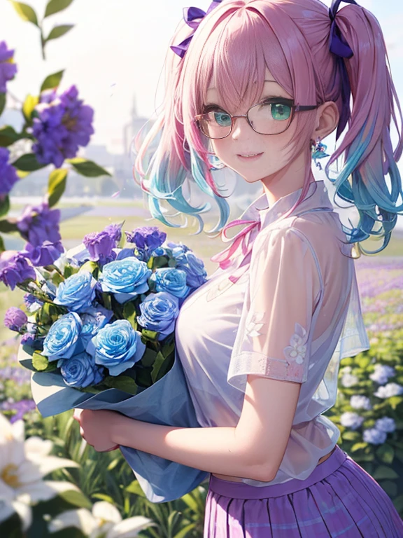 Glasses、小さなgirl、The arrival of spring、big butt、 (alone:1.5,)Super detailed,bright colors, very beautiful detailed anime face and eyes, look straight, ;shiny_skin,girl, ((gradient hair, , Half white、half pink hair: 1.2)) 、forehead is exposed.、green eyes、shiny hair, delicate beautiful face, blush、(turquoise eyes), White skin, Valletta, earrings,、blue flower field、((ribbon、(Floral、See-through、blouse、Floral、Light purple skirt)))、twin tails、smile、happy face、face dyed red