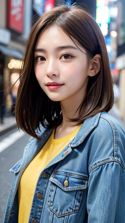 (((Shoulder-length straight brown hair mini bob)))、(((目が細くlight eye makeup)))、(((standing alone on the rider&#39;Jacket and denim against the backdrop of the alleys of Kabukicho at night.)))、(((Please come wearing clothes that cover your arms.)))、Half Japanese and Korean、18 year old girl、independent、facing forward、light eye makeup、brown hair color、flat 、hair blowing in the wind、quality of actress、shiny, super realistic face、smileの表情、Moist eyes、look up、Calming lighting effects、 ultra-realistic capture、very detailed、High resolution 16K close-up of human skin。Skin texture must be natural、Must be so detailed that pores are visible、skin is healthy、Must be an even tone、Use natural light and color、High quality photos taken by a modeling agency&#39;Exclusive photographer、smile
