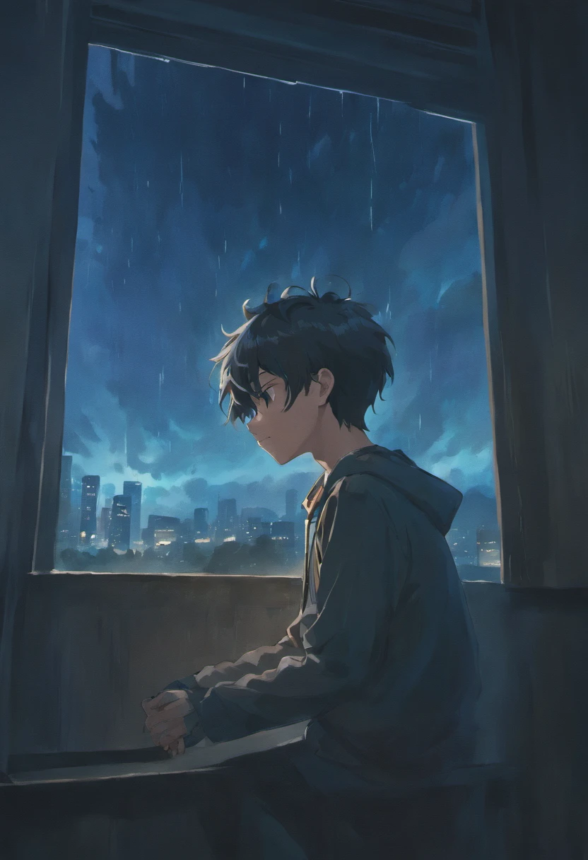 Heartbroken 15 year old boy crying piteously next to a window at night under a thunderstorm