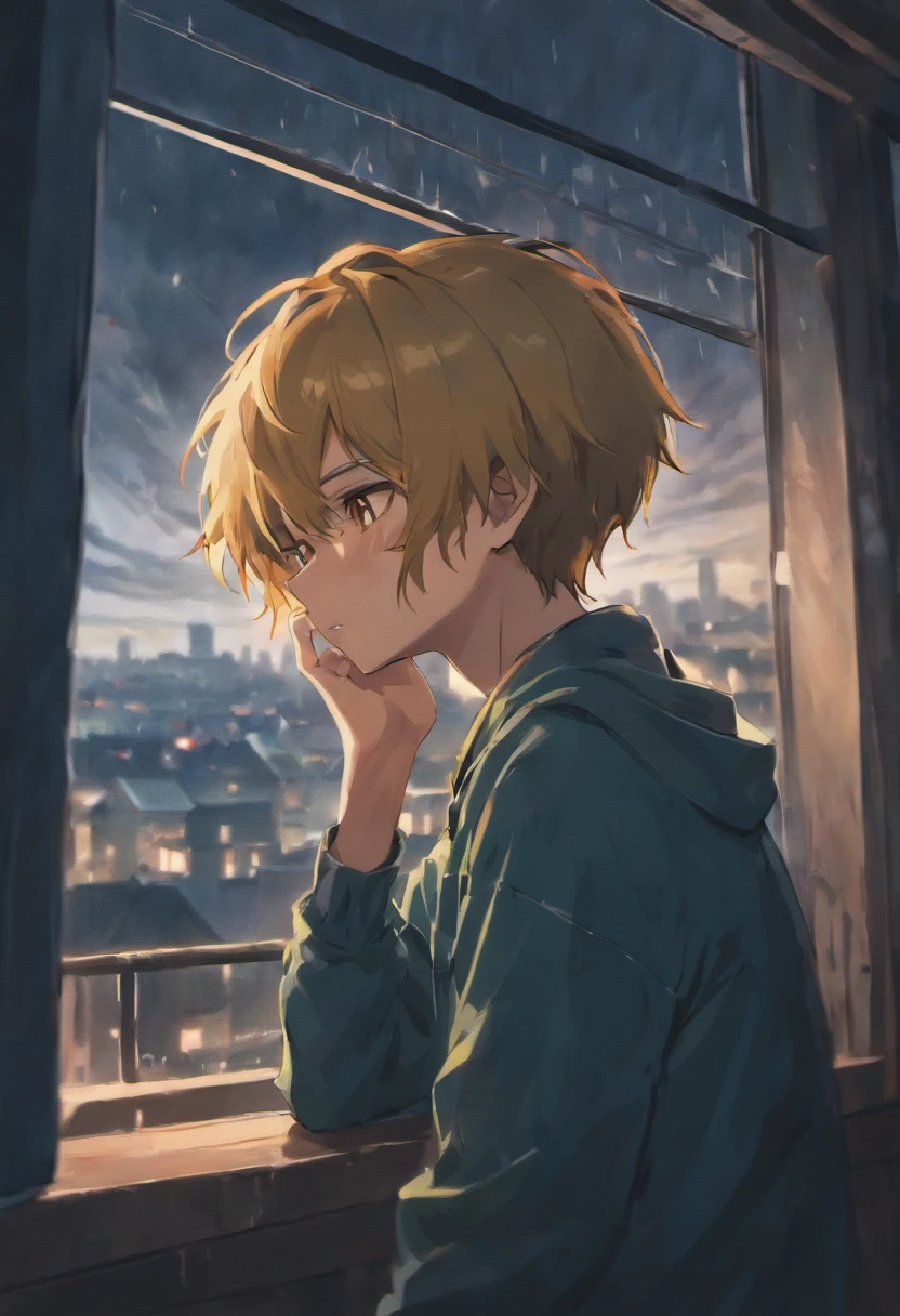 Heartbroken 15 year old boy crying piteously next to a window at night under a thunderstorm