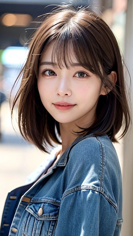 (((Shoulder-length straight brown hair mini bob)))、(((目が細くlight eye makeup)))、(((standing alone on the rider&#39;Jacket and denim against the backdrop of the alleys of Kabukicho at night.)))、(((Please come wearing clothes that cover your arms.)))、Half Japanese and Korean、18 year old girl、independent、facing forward、light eye makeup、brown hair color、flat 、hair blowing in the wind、quality of actress、shiny, super realistic face、smileの表情、Moist eyes、look up、Calming lighting effects、 ultra-realistic capture、very detailed、High resolution 16K close-up of human skin。Skin texture must be natural、Must be so detailed that pores are visible、skin is healthy、Must be an even tone、Use natural light and color、High quality photos taken by a modeling agency&#39;Exclusive photographer、smile
