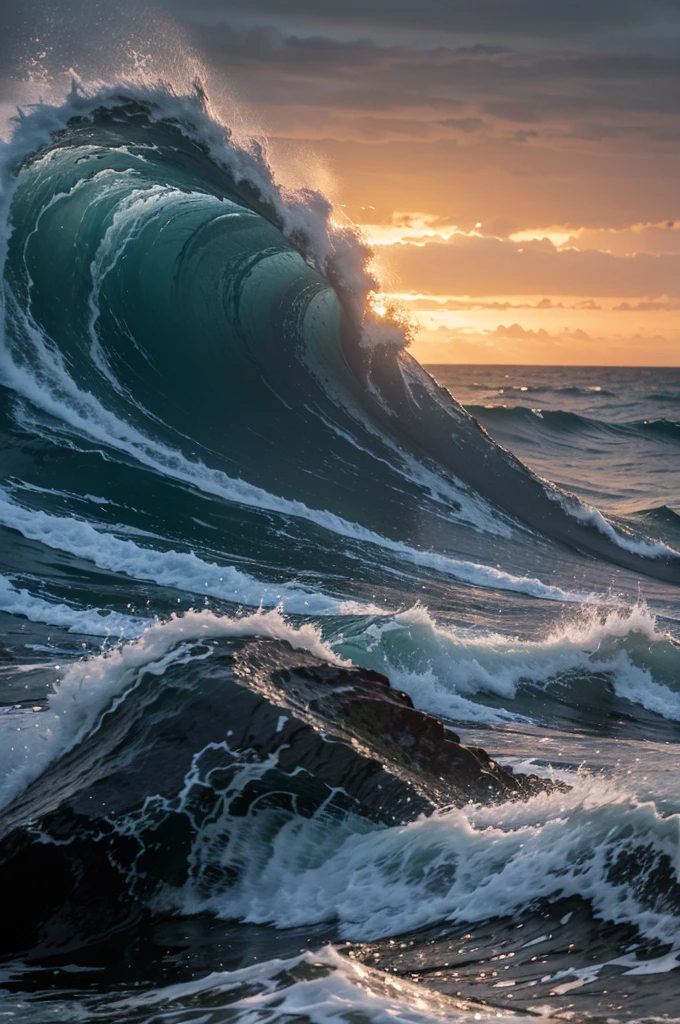 "Abstract image of a raging ocean with waves, crashing on a rocky shore at sunset"