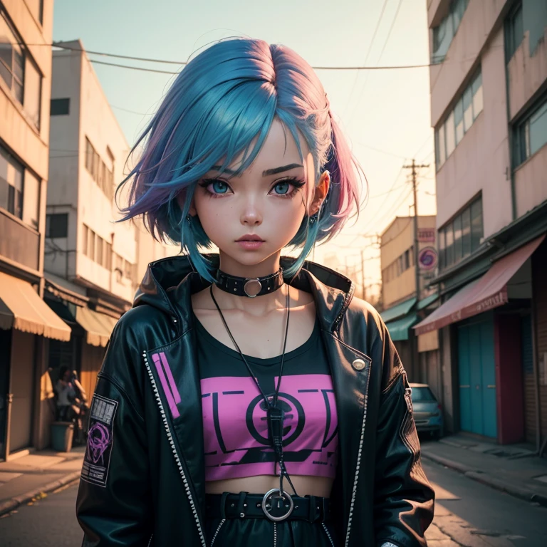 garota de cabelo colorido, com fone de ouvido, cidade cyberpunk, lofi, colorido, attention to the details, dedos realistas, estilo anime anos 90. com fone de ouvido.