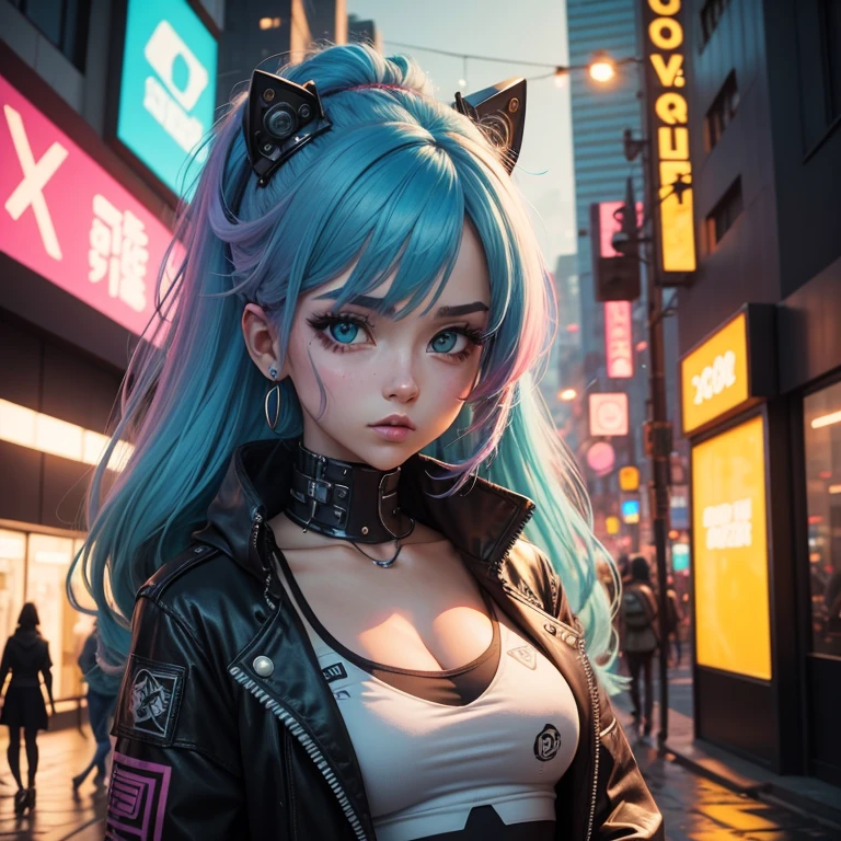 garota de cabelo colorido, com fone de ouvido, cidade cyberpunk, lofi, colorido, attention to the details, dedos realistas, estilo anime anos 90. com fone de ouvido.
