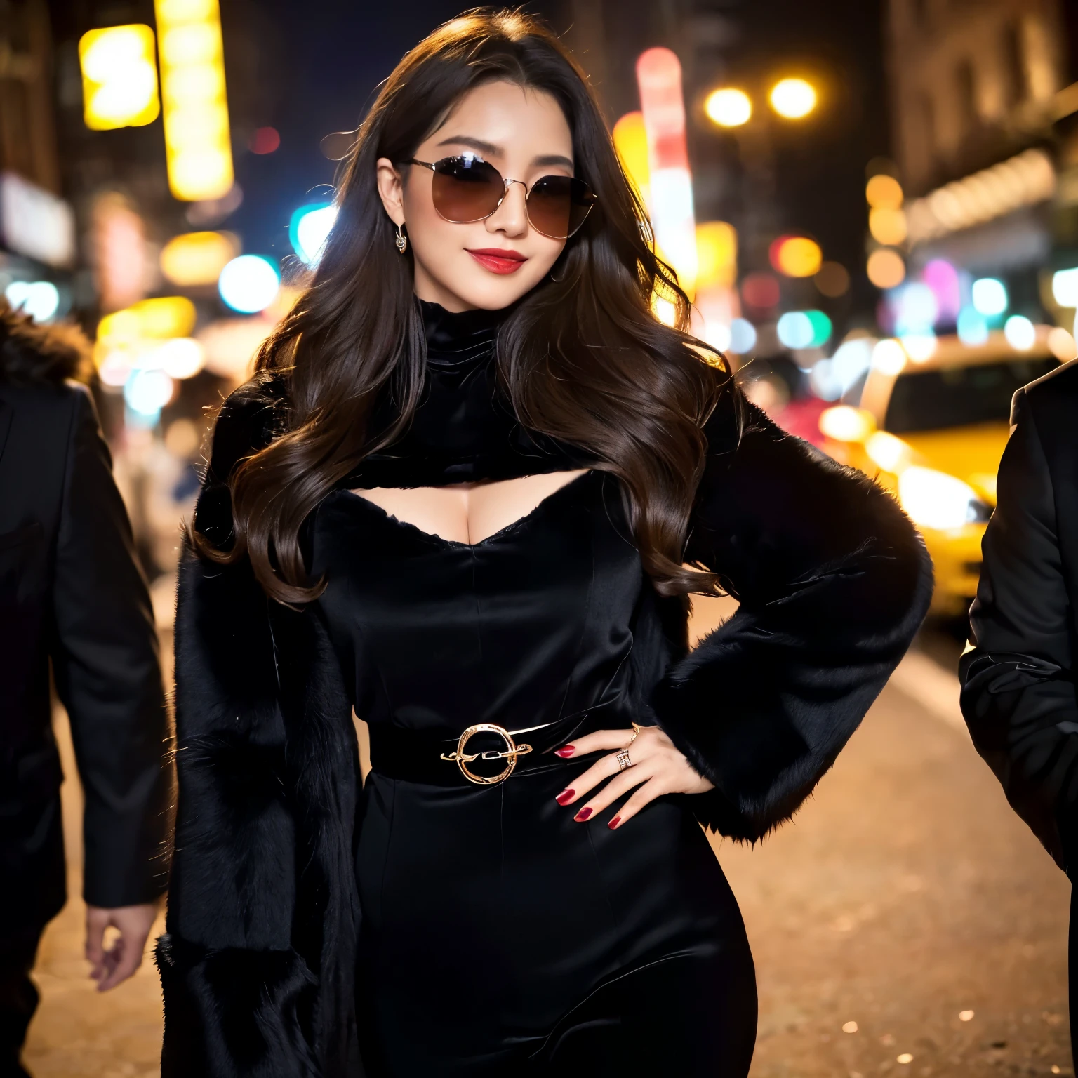 ((highest quality、table top、8K、best image quality、hyper realism、Award-winning work)、1 female、(big breasts:1.1)、cleavage、Mafia Female Boss、(The most gorgeous black-clad supercelebrities:1.1)、Brown blonde hair、smile looking at me、Full body photo of a woman standing elegantly、perfect anatomy、(The most luxurious and dignified huge fur coat:1.2)、(A large amount of very high quality fluffy fur:1.1)、(Lots of fluffy black fur:1.1)、(the most luxurious black huge fur coat:1.1)、(fine fur sweater:1.1)、(black glowing sunglasses:1.2)、gorgeous accessories、long wavy hair、(Walking through the streets of a city at midnight:1.1)、(city night view:1.1)、blurred background、epic movie lighting、(A huge mob of mafia members follows her.:1.2)、(fur shirt and fur coat:1.1)、A beautiful lipstick with a glossy, natural color、glossy lips、Ultra high definition glossy skin、Ultra-HD radiant, beautiful skin、Moist and beautiful skin、beautiful skin glow、超高精細のglossy lips、Super high-definition sparkling eyes、Super high definition beautiful perfect teeth、A small smile showing her beautiful teeth