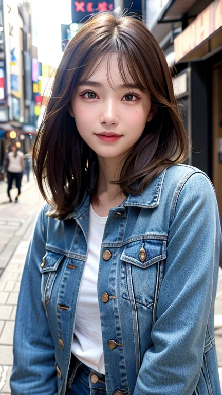(((Shoulder-length straight brown hair mini bob)))、(((目が細くlight eye makeup)))、(((standing alone on the rider'Jacket and denim against the backdrop of the alleys of Kabukicho at night.)))、(((Please come wearing clothes that cover your arms.)))、Half Japanese and Korean、18 year old girl、independent、facing forward、light eye makeup、brown hair color、flat 、hair blowing in the wind、quality of actress、shiny, super realistic face、smileの表情、Moist eyes、look up、Calming lighting effects、 ultra-realistic capture、very detailed、High resolution 16K close-up of human skin。Skin texture must be natural、Must be so detailed that pores are visible、skin is healthy、Must be an even tone、Use natural light and color、High quality photos taken by a modeling agency'Exclusive photographer、smile