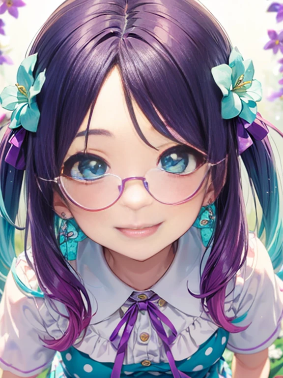 Glasses、小さなgirl、The arrival of spring、big butt、 (alone:1.5,)Super detailed,bright colors, very beautiful detailed anime face and eyes, look straight, ;shiny_skin,girl, ((gradient hair, , Half white、half pink hair: 1.2)） 、forehead is exposed.、green eyes、shiny hair, delicate beautiful face, blush、(turquoise eyes), White skin, Valletta, earrings,、blue flower field、((ribbon、(Floral、blouse、polka dots、purple skirt)))、twin tails、smile、happy face、face dyed red