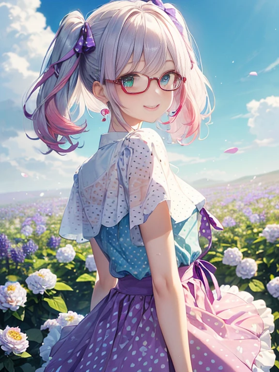 Glasses、小さなgirl、The arrival of spring、big butt、 (alone:1.5,)Super detailed,bright colors, very beautiful detailed anime face and eyes, look straight, ;shiny_skin,girl, ((gradient hair, , Half white、half pink hair: 1.2)) 、forehead is exposed.、green eyes、shiny hair, delicate beautiful face, blush、(turquoise eyes), White skin, Valletta, earrings,、blue flower field、((ribbon、(Floral、blouse、polka dots、purple skirt)))、twin tails、smile、happy face、face dyed red