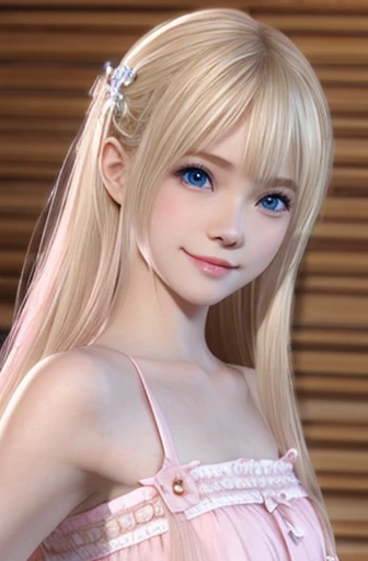 mary rose、blond、Half-length photo、((Cute pink dress))、Very beautiful Swedish 16 year old pretty girl、shiny skin、white skinned、a smile、beautiful bangs、long and straight，絲般美麗的白金blond女郎、shiny hair、Extra long straight hair、Eyeliner、a small face、big breasts、 crystal clear ocean blue eyes，Shining with beauty、beautiful and smart girl、Take a selfie in the room、Looking to the future