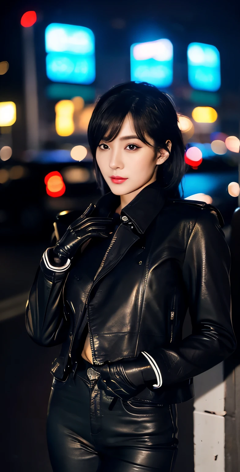 black leather rider jacket, office in the dark, Fingertips of black leather gloves on both hands,wearing black leather gloves,sitting in a black leather chair、 Japanese female new employee (black leather gloves cover both hands) (The angle is horizontal)、black leather leather pants,black leather black leather pants,black leather skinny pants、Long black leather boots on both feet、black hair ponytail ((He wears black leather gloves on his hands))full body photo,full body shot full body full body leather suit,☺If you turn in this direction。wearing black leather gloves,wearing black leather gloves,wearing black leather gloves,wearing black leather gloves,wearing black leather gloves,wearing black leather gloves,黒のレザーパンツが美しい😍黒のレザーパンツが美しい😍黒のレザーパンツが美しい,😍I'm smiling while looking at you,city lights、((neon cyberpunk city street:1.3))、(neon light)、detailed lighting、
best image quality、ultra high resolution、(realism:1.4)、korean beauty star、The most beautiful KPOP stars、face、horny korean makeup、A body that makes you want to touch it、realistic leather texture、Costume made of smooth leather fabric、The drape of the curved parts of the leather fabric、The costume has a strong shine、costume quality、8K photo quality