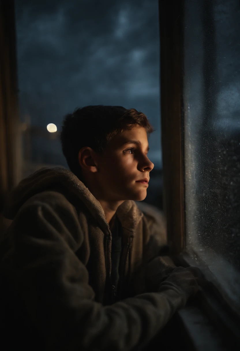 Heartbroken  boy crying piteously next to a window at night under a thunderstorm