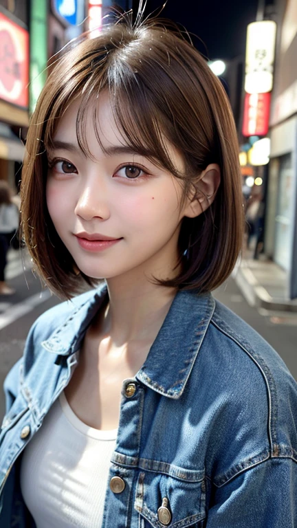 (((Shoulder-length straight brown hair mini bob)))、(((目が細くlight eye makeup)))、(((standing alone on the rider'Jacket and denim against the backdrop of the alleys of Kabukicho at night.)))、(((Please come wearing clothes that cover your arms.)))、Half Japanese and Korean、18 year old girl、independent、facing forward、light eye makeup、brown hair color、flat 、hair blowing in the wind、quality of actress、shiny, super realistic face、smileの表情、Moist eyes、look up、Calming lighting effects、 ultra-realistic capture、very detailed、High resolution 16K close-up of human skin。Skin texture must be natural、Must be so detailed that pores are visible、skin is healthy、Must be an even tone、Use natural light and color、High quality photos taken by a modeling agency'Exclusive photographer、smile