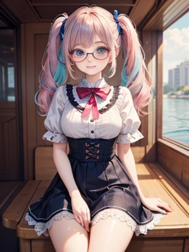(masterpiece:1.2), (highest quality:1.2),, Curvy but slender body, perfect eyes, perfect face, perfect lighting, 1 girl,(rainbow colored hair, colorful hair, Half blue、half pink hair: 1.2),  cherry blossoms、 Glasses、（Cute floral shirt），（whole bodyが見える），spring、（painted on steel、Transparent sexy clothes、polka dots、lace skirt），curly hair, Clothes with short sleeves, 、In the sea、on the boat、, compensate, eye shadow, small breasts、thick eyelashes, fantasy, looking at the viewer, whole body，alice in wonderland、blue sky、Bright and beautiful face、young shiny glossy white shiny skin、the best beauty、the most beautiful in the world、thin hair、long hair、Shining beautiful bangs、big shining blue eyes、very beautiful and lovely 8 year old, the most beautiful girl in the world、twin tails、Glasses、a disappointed face、Waiting for a kiss、smile