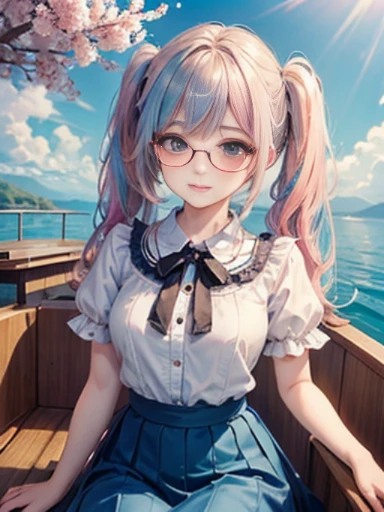 (masterpiece:1.2), (highest quality:1.2),, Curvy but slender body, perfect eyes, perfect face, perfect lighting, 1 girl,(rainbow colored hair, colorful hair, Half blue、half pink hair: 1.2),  cherry blossoms、 Glasses、（Cute floral shirt），（whole bodyが見える），spring、（painted on steel、Transparent sexy clothes、polka dots、lace skirt），curly hair, Clothes with short sleeves, 、In the sea、on the boat、, compensate, eye shadow, small breasts、thick eyelashes, fantasy, looking at the viewer, whole body，alice in wonderland、blue sky、Bright and beautiful face、young shiny glossy white shiny skin、the best beauty、the most beautiful in the world、thin hair、long hair、Shining beautiful bangs、big shining blue eyes、very beautiful and lovely 8 year old, the most beautiful girl in the world、twin tails、Glasses、a disappointed face、Waiting for a kiss、smile