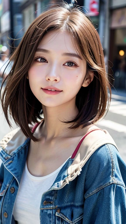 (((Shoulder-length straight brown hair mini bob)))、(((目が細くlight eye makeup)))、(((standing alone on the rider&#39;Jacket and denim against the backdrop of the alleys of Kabukicho at night.)))、(((Please come wearing clothes that cover your arms.)))、Half Japanese and Korean、18 year old girl、independent、facing forward、light eye makeup、brown hair color、flat 、hair blowing in the wind、quality of actress、shiny, super realistic face、smileの表情、Moist eyes、look up、Calming lighting effects、 ultra-realistic capture、very detailed、High resolution 16K close-up of human skin。Skin texture must be natural、Must be so detailed that pores are visible、skin is healthy、Must be an even tone、Use natural light and color、High quality photos taken by a modeling agency&#39;Exclusive photographer、smile
