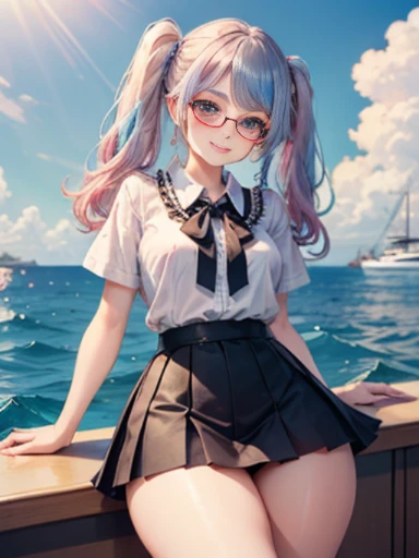 (masterpiece:1.2), (highest quality:1.2),, Curvy but slender body, perfect eyes, perfect face, perfect lighting, 1 girl,(rainbow colored hair, colorful hair, Half blue、half pink hair: 1.2), cherry blossoms、 Glasses、(Cute floral shirt),(whole bodyが見える),spring、(painted on steel、Transparent sexy clothes、polka dots、lace skirt),curly hair, Clothes with short sleeves, 、In the sea、on the boat、, compensate, eye shadow, small breasts、thick eyelashes, fantasy, looking at the viewer, whole body,alice in wonderland、blue sky、Bright and beautiful face、young shiny glossy white shiny skin、the best beauty、the most beautiful in the world、thin hair、long hair、Shining beautiful bangs、big shining blue eyes、very beautiful and lovely 8 , the most beautiful girl in the world、twin tails、Glasses、a disappointed face、Waiting for a kiss、smile.Fashionable underwear