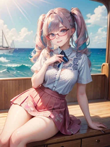 (masterpiece:1.2), (highest quality:1.2),, Curvy but slender body, perfect eyes, perfect face, perfect lighting, 1 girl,(rainbow colored hair, colorful hair, Half blue、half pink hair: 1.2),  cherry blossoms、 Glasses、（Cute floral shirt），（whole bodyが見える），spring、（painted on steel、Transparent sexy clothes、polka dots、lace skirt），curly hair, Clothes with short sleeves, 、In the sea、on the boat、, compensate, eye shadow, small breasts、thick eyelashes, fantasy, looking at the viewer, whole body，alice in wonderland、blue sky、Bright and beautiful face、young shiny glossy white shiny skin、the best beauty、the most beautiful in the world、thin hair、long hair、Shining beautiful bangs、big shining blue eyes、very beautiful and lovely 8 year old, the most beautiful girl in the world、twin tails、Glasses、a disappointed face、Waiting for a kiss、smile.Fashionable underwear