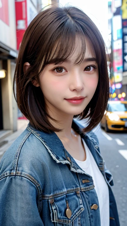 (((Shoulder-length straight brown hair mini bob)))、(((目が細くlight eye makeup)))、(((standing alone on the rider'Jacket and denim against the backdrop of the alleys of Kabukicho at night.)))、(((Please come wearing clothes that cover your arms.)))、Half Japanese and Korean、18 year old girl、independent、facing forward、light eye makeup、brown hair color、flat 、hair blowing in the wind、quality of actress、shiny, super realistic face、smileの表情、Moist eyes、look up、Calming lighting effects、 ultra-realistic capture、very detailed、High resolution 16K close-up of human skin。Skin texture must be natural、Must be so detailed that pores are visible、skin is healthy、Must be an even tone、Use natural light and color、High quality photos taken by a modeling agency'Exclusive photographer、smile