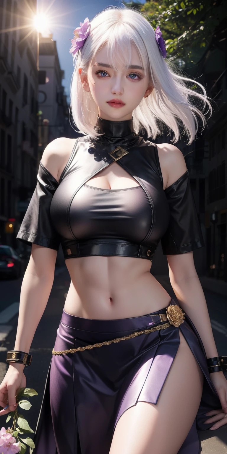 realistic, 1girl, white hair, purple eyes, glowing eyes, crop top, skirt, parted lips, blush, night, flowers, sun, sunlight,