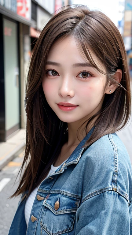 (((Shoulder-length straight brown hair mini bob)))、(((目が細くlight eye makeup)))、(((standing alone on the rider'Jacket and denim against the backdrop of the alleys of Kabukicho at night.)))、(((Please come wearing clothes that cover your arms.)))、Half Japanese and Korean、18 year old girl、independent、facing forward、light eye makeup、brown hair color、flat 、hair blowing in the wind、quality of actress、shiny, super realistic face、smileの表情、Moist eyes、look up、Calming lighting effects、 ultra-realistic capture、very detailed、High resolution 16K close-up of human skin。Skin texture must be natural、Must be so detailed that pores are visible、skin is healthy、Must be an even tone、Use natural light and color、High quality photos taken by a modeling agency'Exclusive photographer、smile