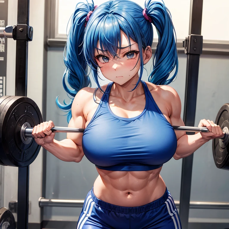 wear gym clothes,Gym,Muscle training,Raise the barbell,背景がGym,Girl with blue hair and twintails,big breasts,painful face