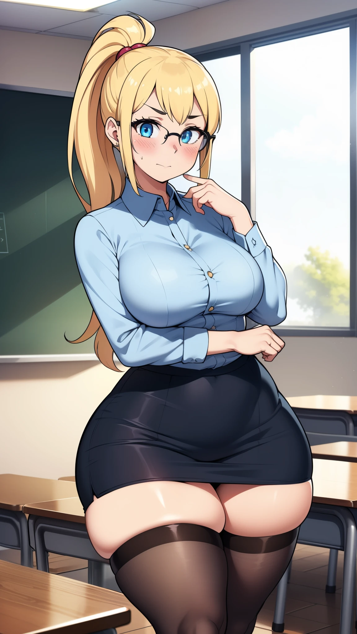 ((highres)), Masterpiece, high quality, best quality, beautiful, perfect lighting, detailed face, ultra cute face, ((1girl)), ((solo), long blonde hair, ponytail, blue eyes, glasses, ((blush)), embarrassed, looking at viewer, arms crossed, standing in a classroom, (classroom), daytime, dress shirt, pencil skirt, thigh highs, wide hips, ((thick thighs)), (chubby), medium breasts, perky breasts, 24 year old female,