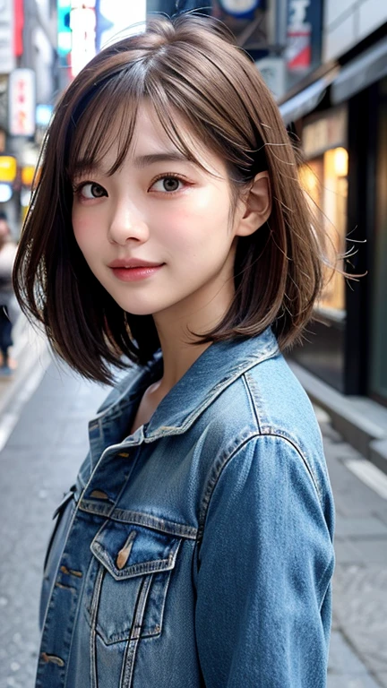 (((Shoulder-length straight brown hair mini bob)))、(((目が細くlight eye makeup)))、(((standing alone on the rider'Jacket and denim against the backdrop of the alleys of Kabukicho at night.)))、(((Please come wearing clothes that cover your arms.)))、Half Japanese and Korean、18 year old girl、independent、facing forward、light eye makeup、brown hair color、flat 、hair blowing in the wind、quality of actress、shiny, super realistic face、smileの表情、Moist eyes、look up、Calming lighting effects、 ultra-realistic capture、very detailed、High resolution 16K close-up of human skin。Skin texture must be natural、Must be so detailed that pores are visible、skin is healthy、Must be an even tone、Use natural light and color、High quality photos taken by a modeling agency'Exclusive photographer、smile