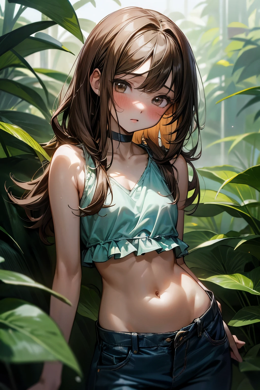 hight resolution, top-quality,  ultra-quality, The ultra-detailliert, lighting like a movie、small tits、Brown skin、Brown skin、In the woods、full of sweat、Wearing sweat、A dark-haired、Demon's Daughter、2 horns on the head、Sarashi and loin cloth、Demon Settlement、