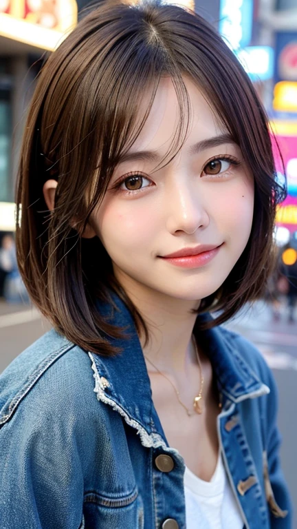 (((Shoulder-length straight brown hair mini bob)))、(((目が細くlight eye makeup)))、(((standing alone on the rider'Jacket and denim against the backdrop of the alleys of Kabukicho at night.)))、(((Please come wearing clothes that cover your arms.)))、Half Japanese and Korean、18 year old girl、independent、facing forward、light eye makeup、brown hair color、flat 、hair blowing in the wind、quality of actress、shiny, super realistic face、smileの表情、Moist eyes、look up、Calming lighting effects、 ultra-realistic capture、very detailed、High resolution 16K close-up of human skin。Skin texture must be natural、Must be so detailed that pores are visible、skin is healthy、Must be an even tone、Use natural light and color、High quality photos taken by a modeling agency'Exclusive photographer、smile