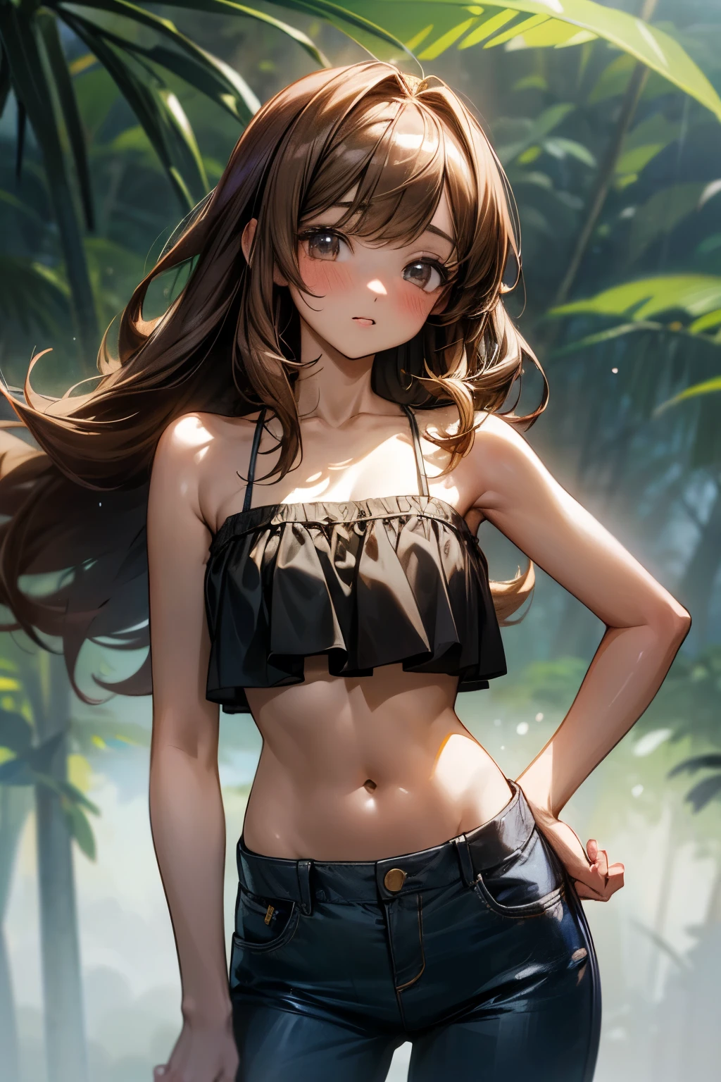 ((Masterpiece)), ((best quality)), (Anime:1.5), (RAW photo:1.2),(High Definition:1.3), (Professional Photography:1.2), (()), 1girl, (Very shy and blush), (Glossy lips), (Drooping eyes), upper body, (Ruffled croptop top), barearms, bareshoulders, (blunt and swept bangs), mullet, ((loose cute pants)), beautiful collarbone, pale brown hair, small breast, cute hips, BREAK, ((best quality)), place right hand on hips,(mist effect:1.3), (in subtropical rainforest), Mountain Landscapes,